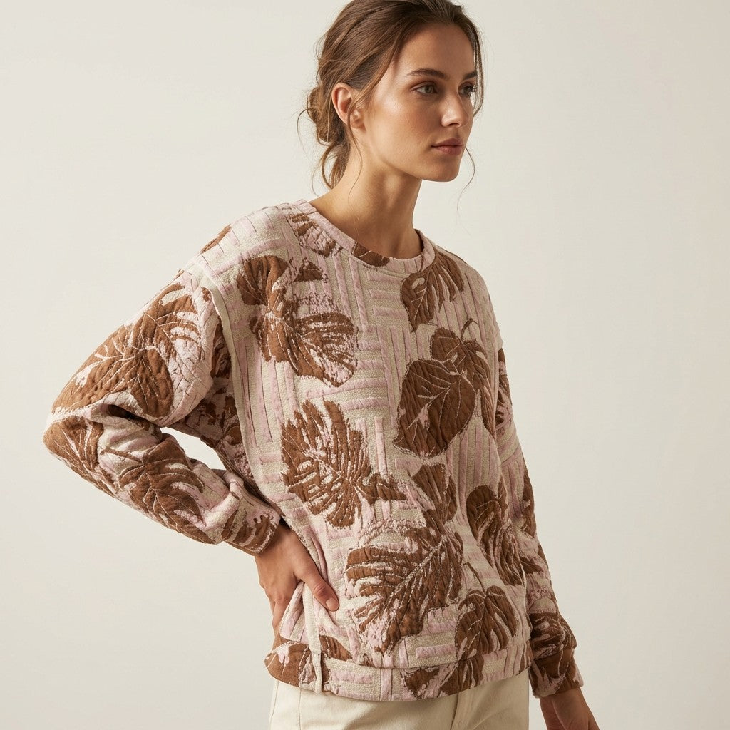 Pull Large Motif Floral Géométrique Relief 44% Cotton
