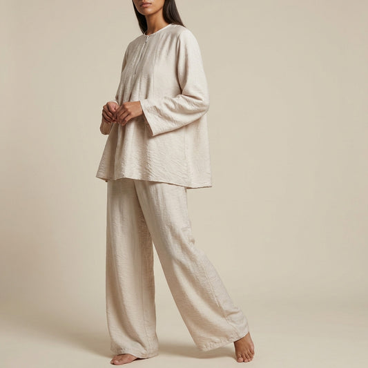 Ensemble Top & Pantalon Col Zippé Plissé En Viscose Nylon