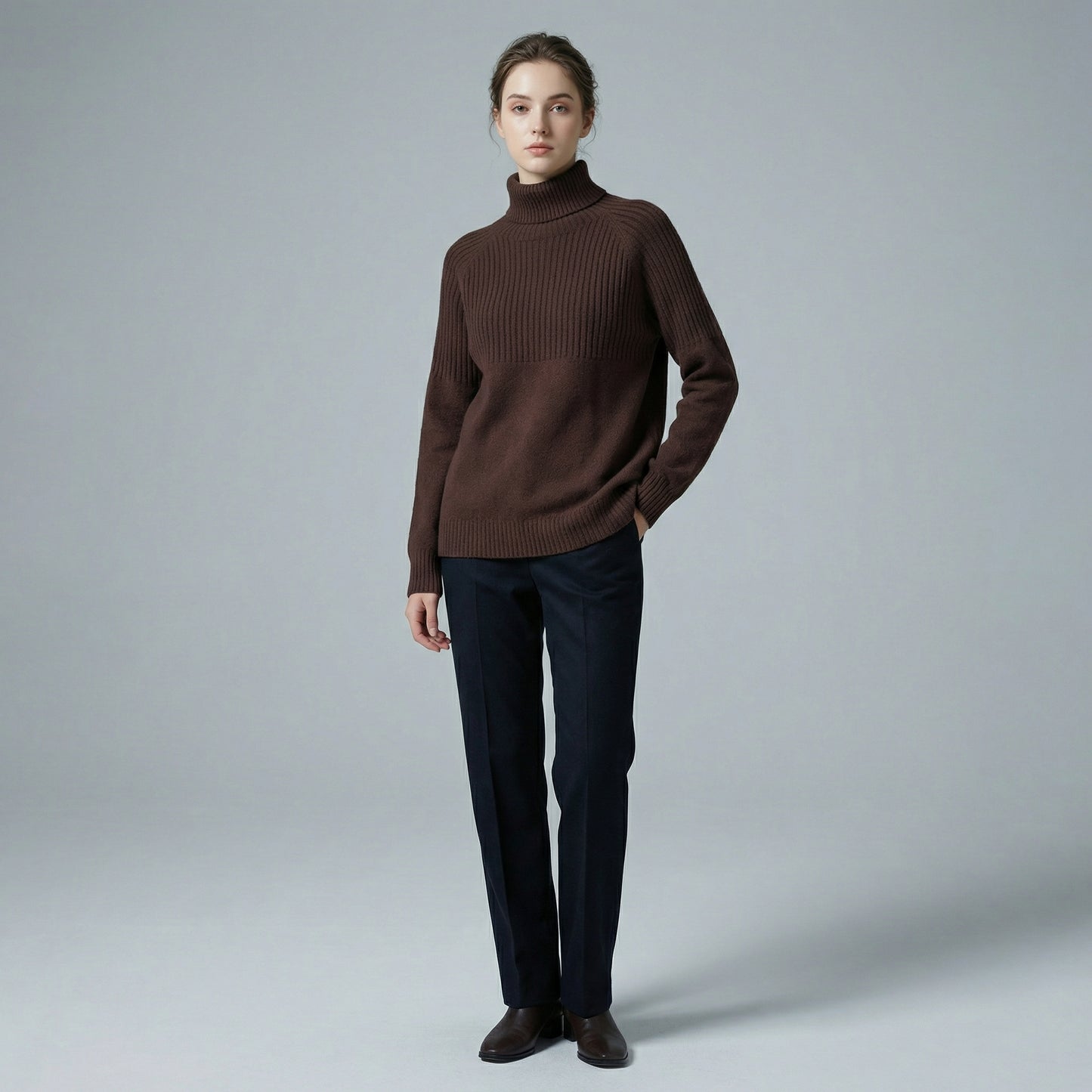 Pull Large Col Roulé Semi-Côtelé Bords-Côtes