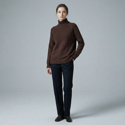 Pull Large Col Roulé Semi-Côtelé Bords-Côtes