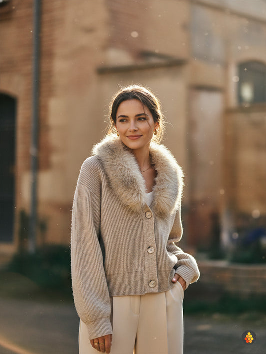 Pull Cardigan Côtelé à Col Fausse Fourrure Amovible