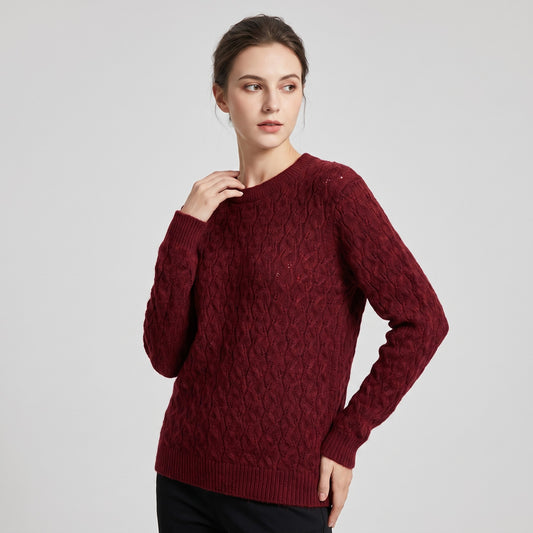 Pull Maille Tricot Texturée Motif Losanges Ajourée Col Rond Taille Élastique