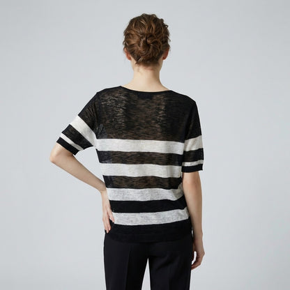 T-Shirt Fin Chiné Motif Marinière Col V à 25% Lin 20% Tencel