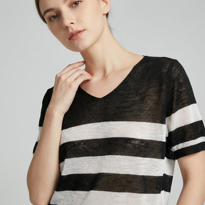 T-Shirt Fin Chiné Motif Marinière Col V à 25% Lin 20% Tencel