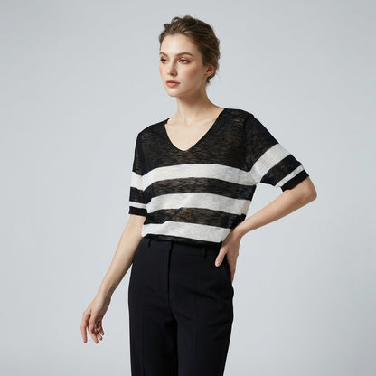 T-Shirt Fin Chiné Motif Marinière Col V à 25% Lin 20% Tencel