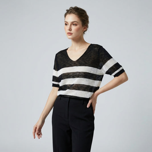 T-Shirt Fin Chiné Motif Marinière Col V à 25% Lin 20% Tencel