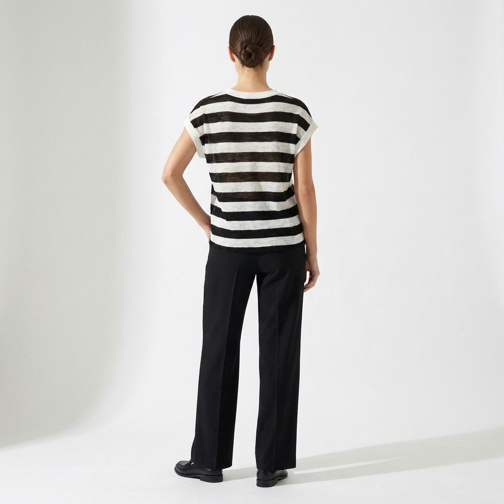 T-Shirt Fin Chiné Motif Marinière Col Rond à 25% Lin 20% Tencel