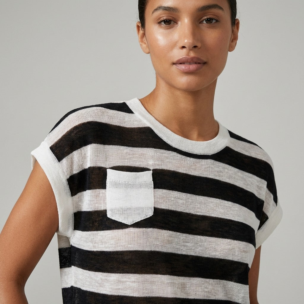 T-Shirt Fin Chiné Motif Marinière Col Rond à 25% Lin 20% Tencel