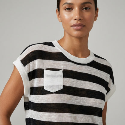 T-Shirt Fin Chiné Motif Marinière Col Rond à 25% Lin 20% Tencel