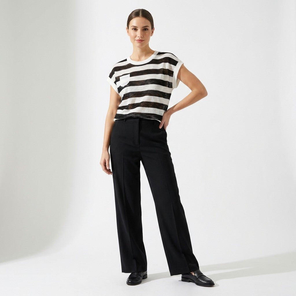 T-Shirt Fin Chiné Motif Marinière Col Rond à 25% Lin 20% Tencel