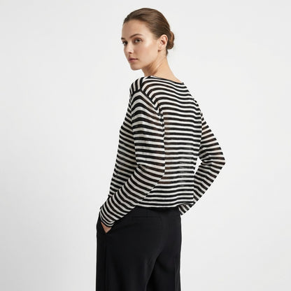 T-Shirt Mailles Fines à Rayures Col Rond Manches Longue 25% Lin 20% Tencel