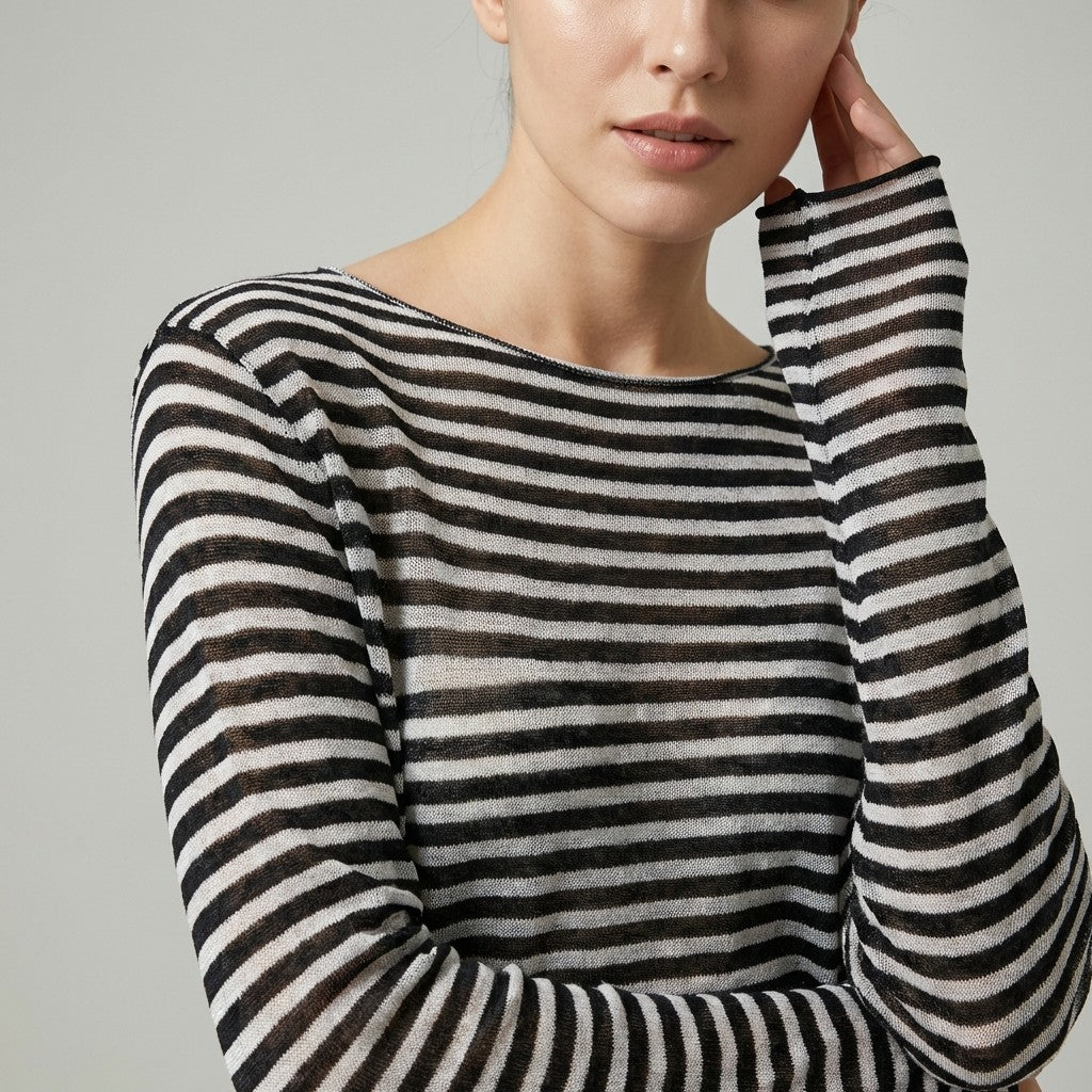 T-Shirt Mailles Fines à Rayures Col Rond Manches Longue 25% Lin 20% Tencel