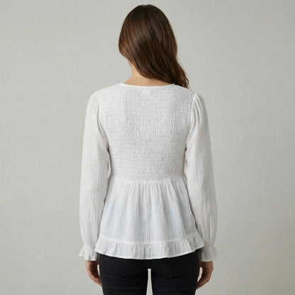 Chemisier Smoké Manche Bouffantes Coupe Peplum 100% Viscose