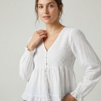 Chemisier Smoké Manche Bouffantes Coupe Peplum 100% Viscose