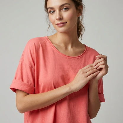 T-Shirt Léger Simple à Col Rond Fentes Latérale 100% Coton