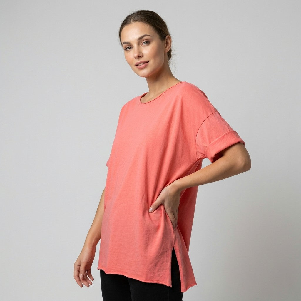 T-Shirt Léger Simple à Col Rond Fentes Latérale 100% Coton