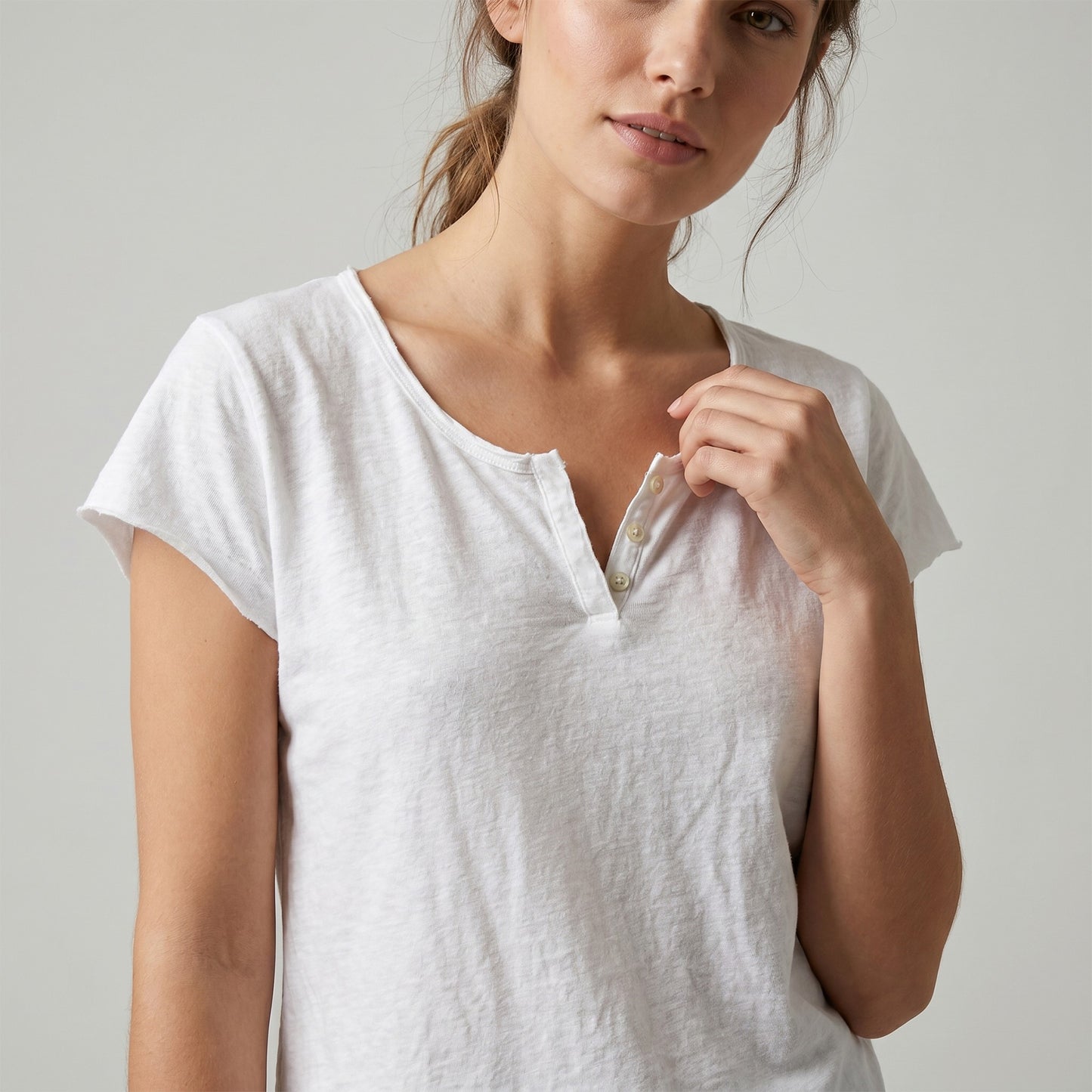 T-Shirt Manche Courte Col Henley Simple 100% Coton