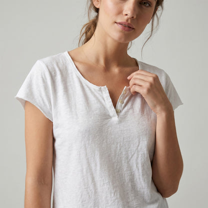 T-Shirt Manche Courte Col Henley Simple 100% Coton