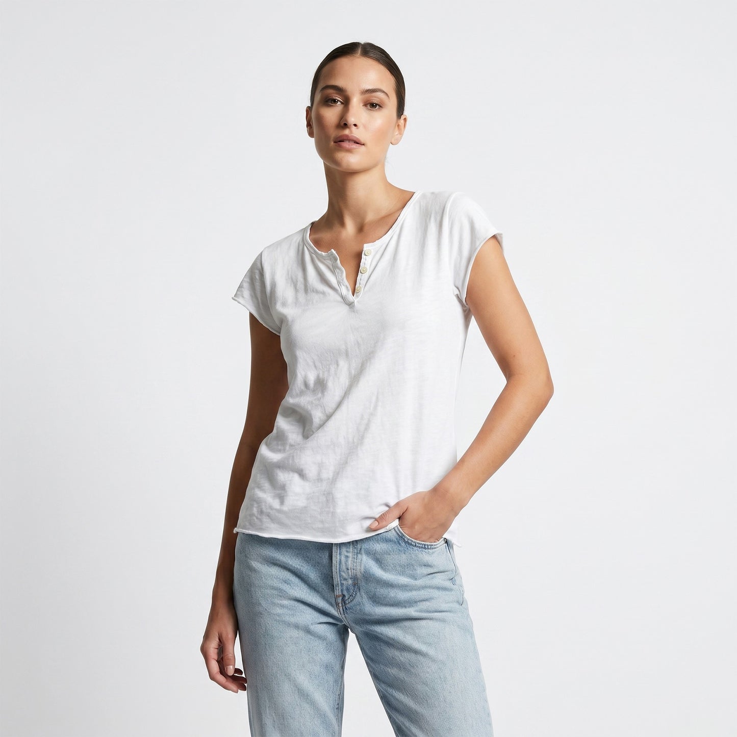 T-Shirt Manche Courte Col Henley Simple 100% Coton
