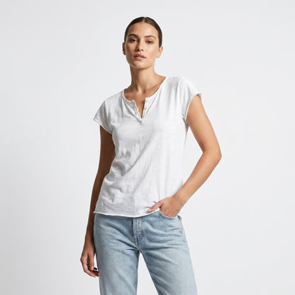 T-Shirt Manche Courte Col Henley Simple 100% Coton