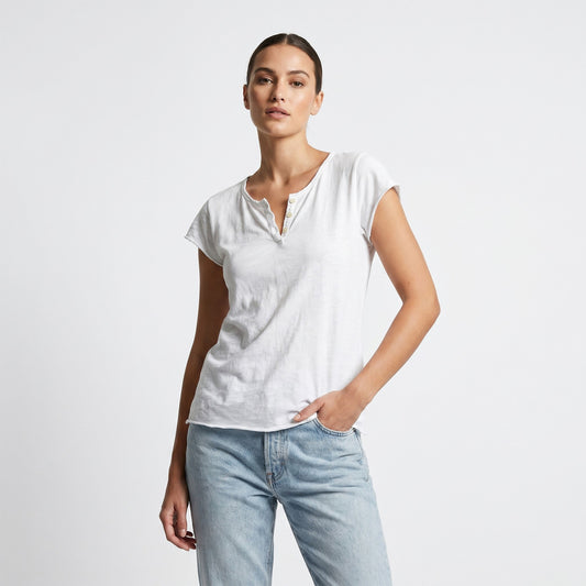 T-Shirt Manche Courte Col Henley Simple 100% Coton