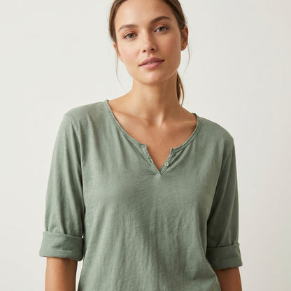 T-Shirt Léger Simple Col Henley Manches Longues 100% Coton