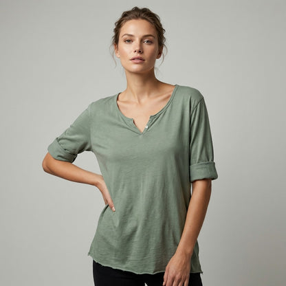 T-Shirt Léger Simple Col Henley Manches Longues 100% Coton