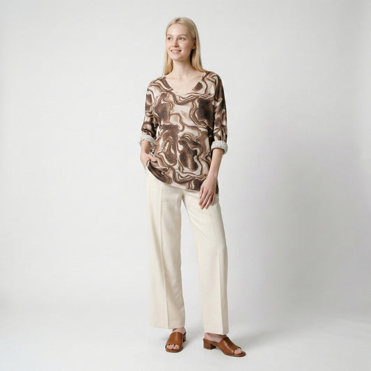 T-Shirt Maille Fine Manche Longue Col Rond Motif Marbre