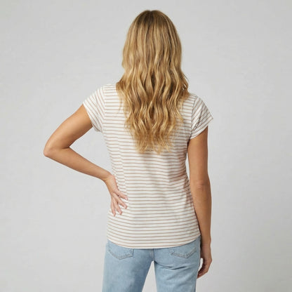 T-Shirt Rayé Marinière Manche Courte Col Henley 85% Viscose