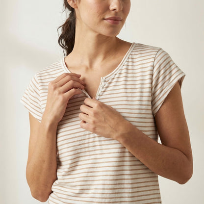 T-Shirt Rayé Marinière Manche Courte Col Henley 85% Viscose