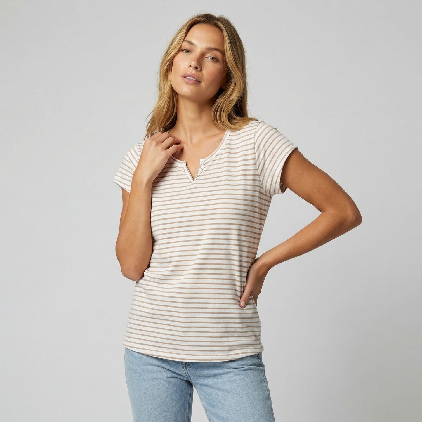 T-Shirt Rayé Marinière Manche Courte Col Henley 85% Viscose