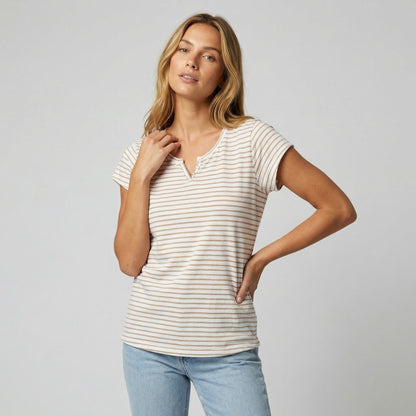 T-Shirt Rayé Marinière Manche Courte Col Henley 85% Viscose