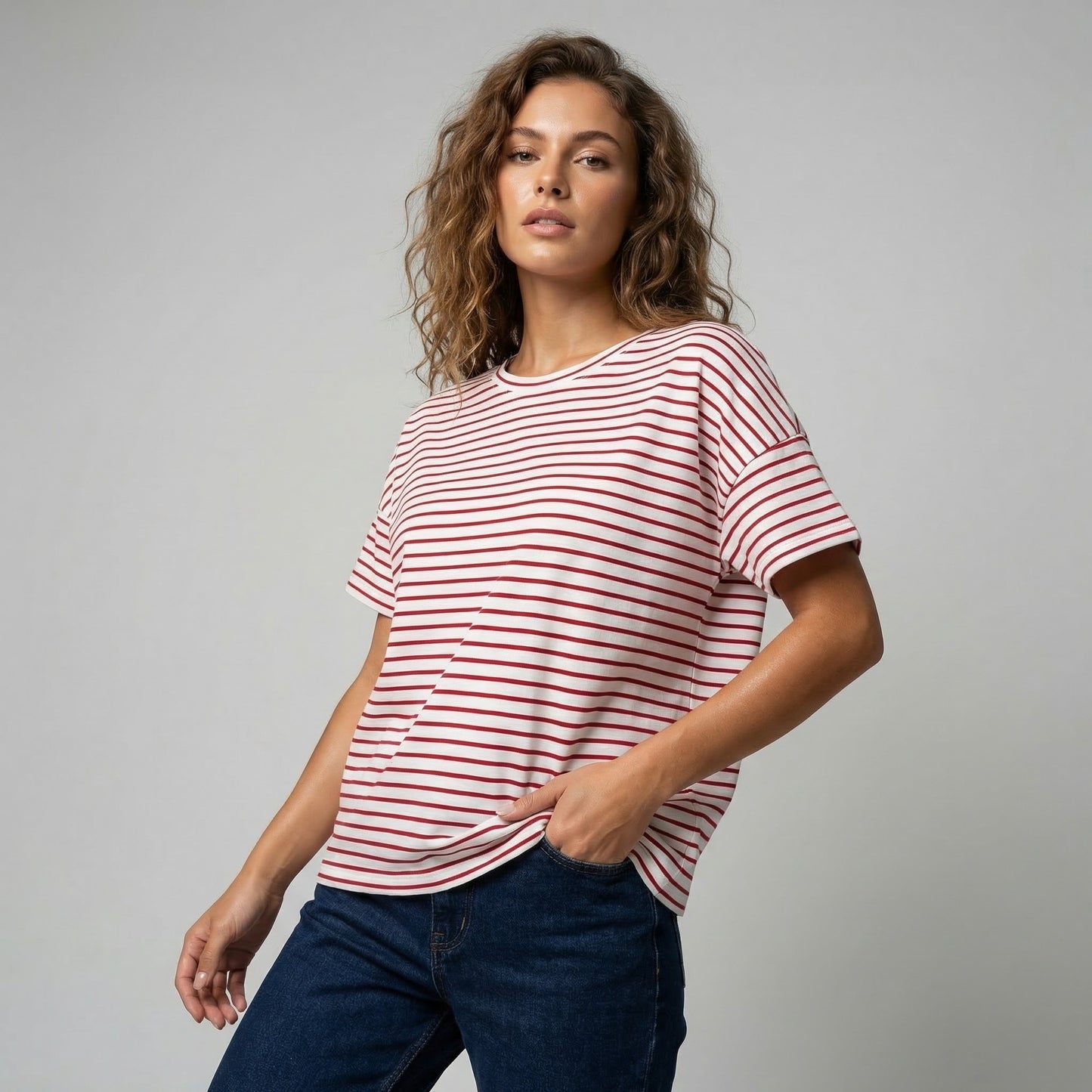 T-Shirt Rayé Marinière Manche Courte Col Rond 85% Viscose