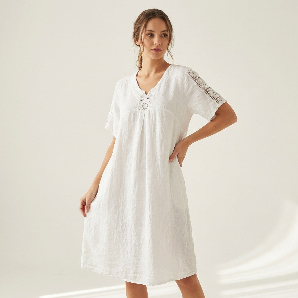 Robe Manche Courte Col V Dentelle Poches 100% Lin