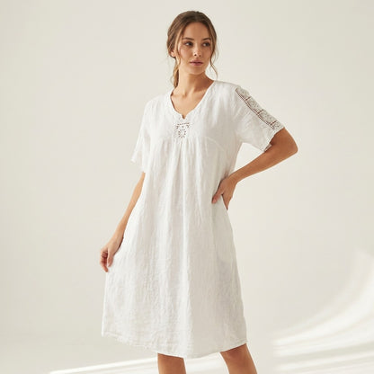 Robe Manche Courte Col V Dentelle Poches 100% Lin