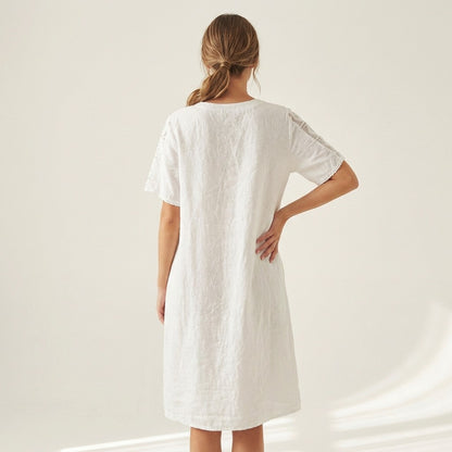 Robe Manche Courte Col V Dentelle Poches 100% Lin