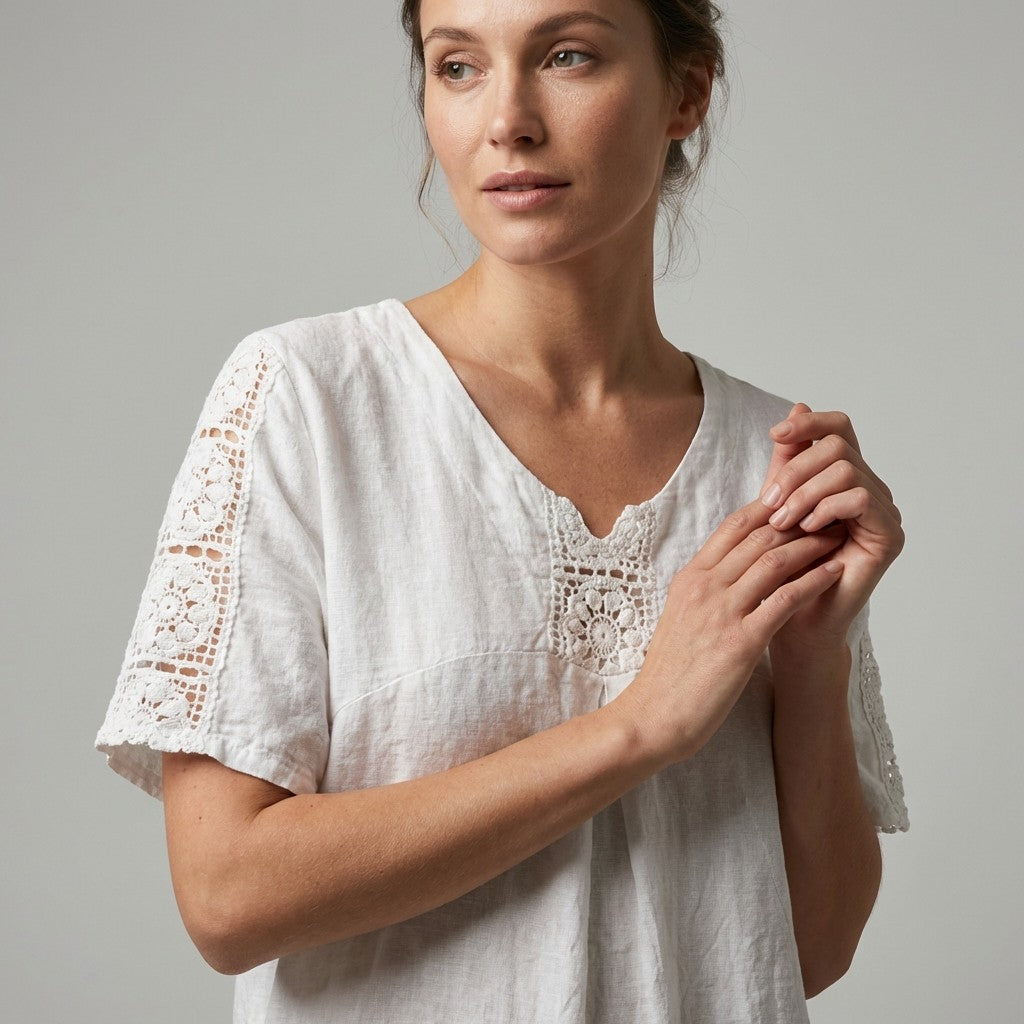 Robe Manche Courte Col V Dentelle Poches 100% Lin