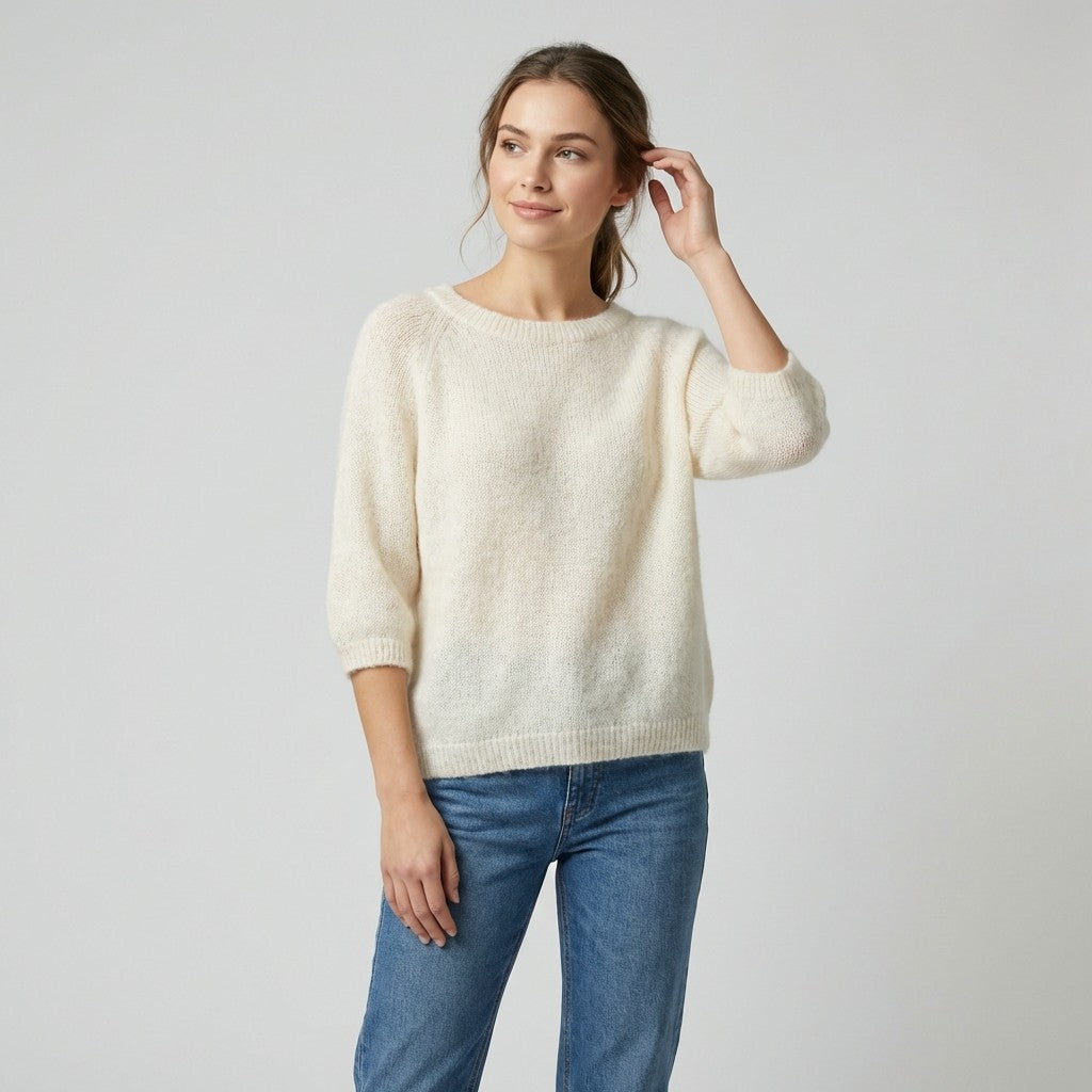 Pull Maille Bords-Côtelé Manche 3/4 Raglan 30% Baby Alpaca