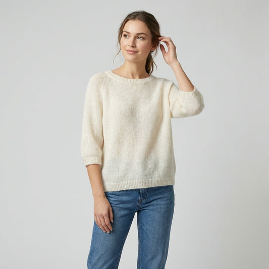 Pull Maille Bords-Côtelé Manche 3/4 Raglan 30% Baby Alpaca