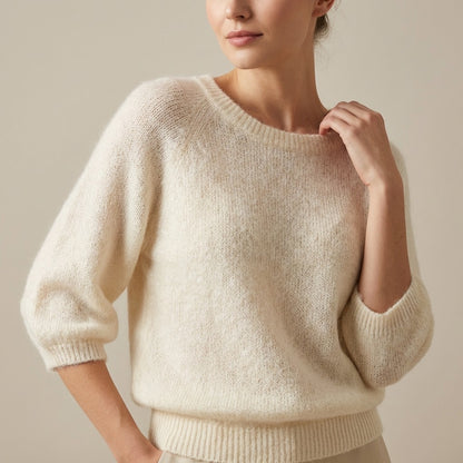 Pull Maille Bords-Côtelé Manche 3/4 Raglan 30% Baby Alpaca