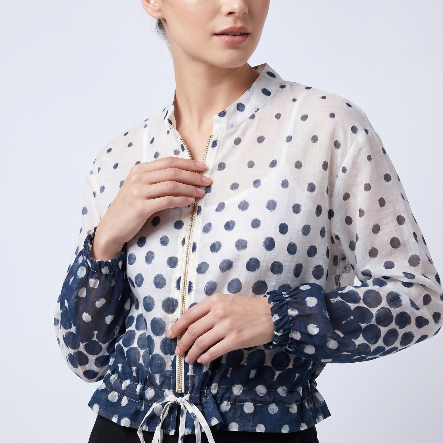 Blouson Léger Zippé à Cordon Poignet Élastique & Motif Pois