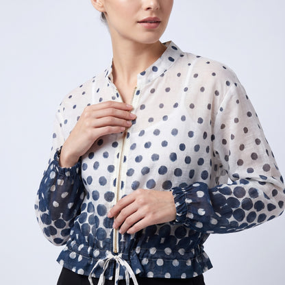 Blouson Léger Zippé à Cordon Poignet Élastique & Motif Pois