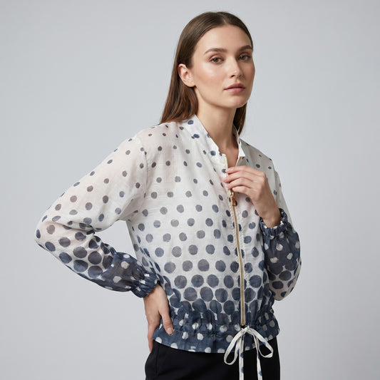 Blouson Léger Zippé à Cordon Poignet Élastique & Motif Pois