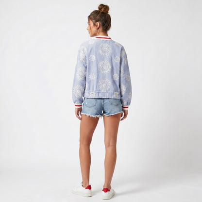 Veste Courte Zippé Rayé à Dentelle Anglaise Taille à Cordon