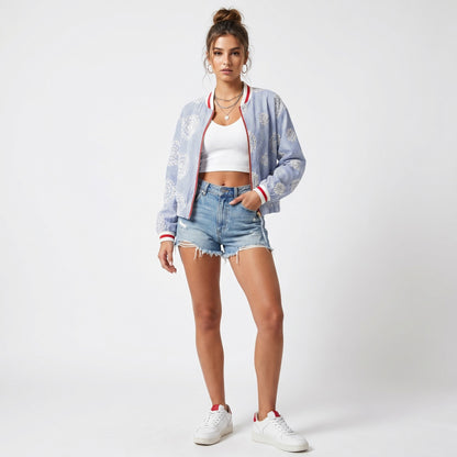 Veste Courte Zippé Rayé à Dentelle Anglaise Taille à Cordon