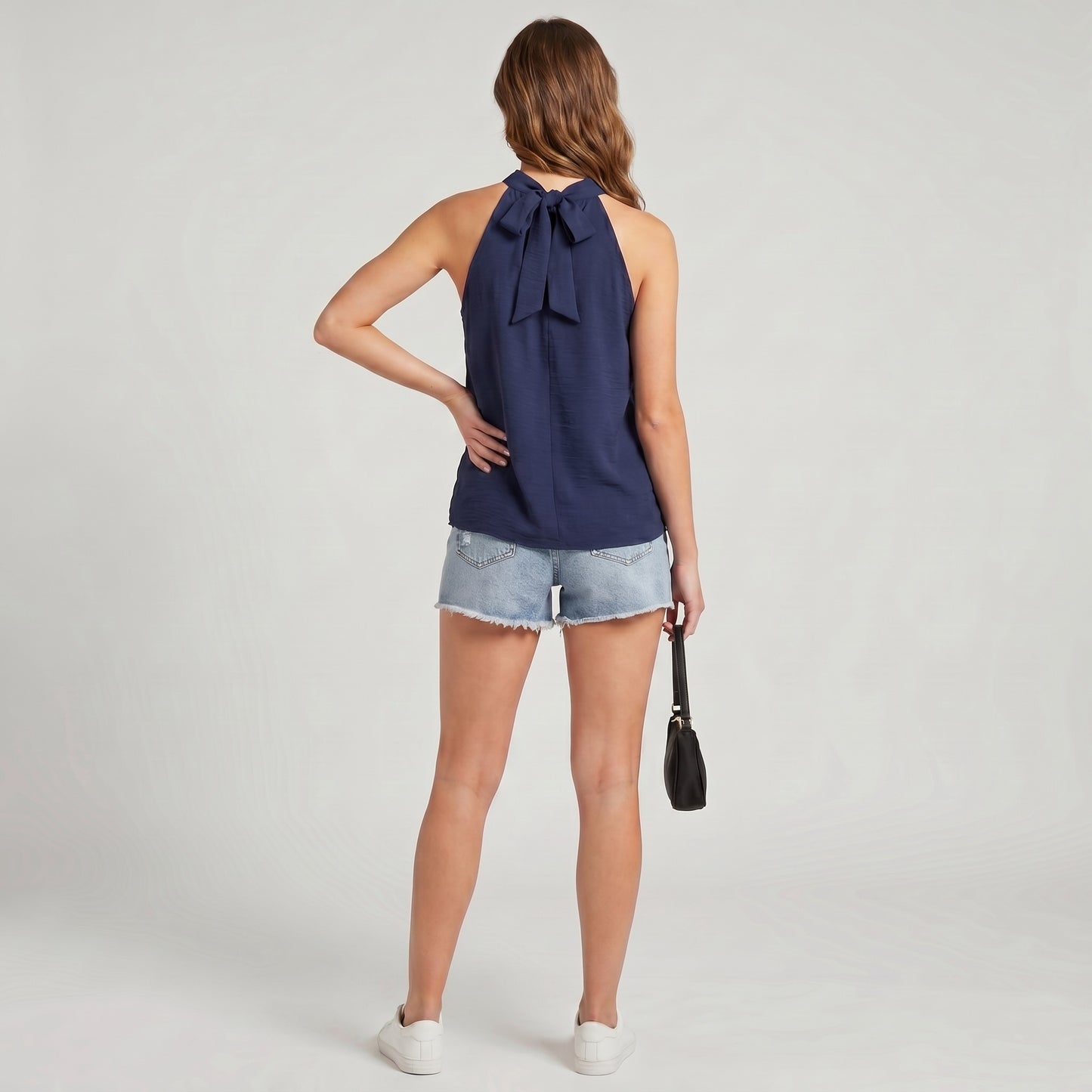 Top Large Col Halter Sans Manches Dos Nu Noué Coupe Évasé