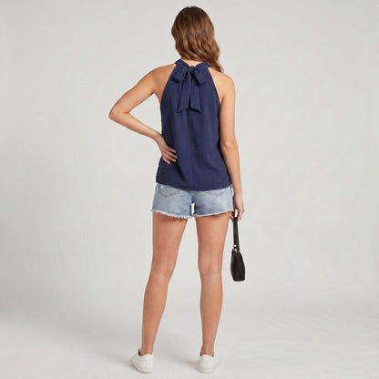 Top Large Col Halter Sans Manches Dos Nu Noué Coupe Évasé