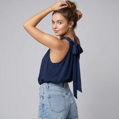 Top Large Col Halter Sans Manches Dos Nu Noué Coupe Évasé