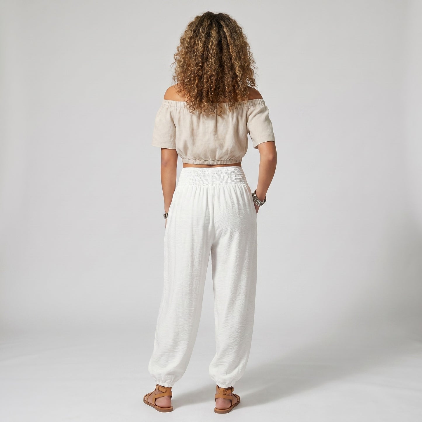 Pantalon Large Sarouel Coupe Bouffante Taille Élastique Smocké à Poches