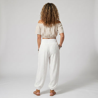 Pantalon Large Sarouel Coupe Bouffante Taille Élastique Smocké à Poches